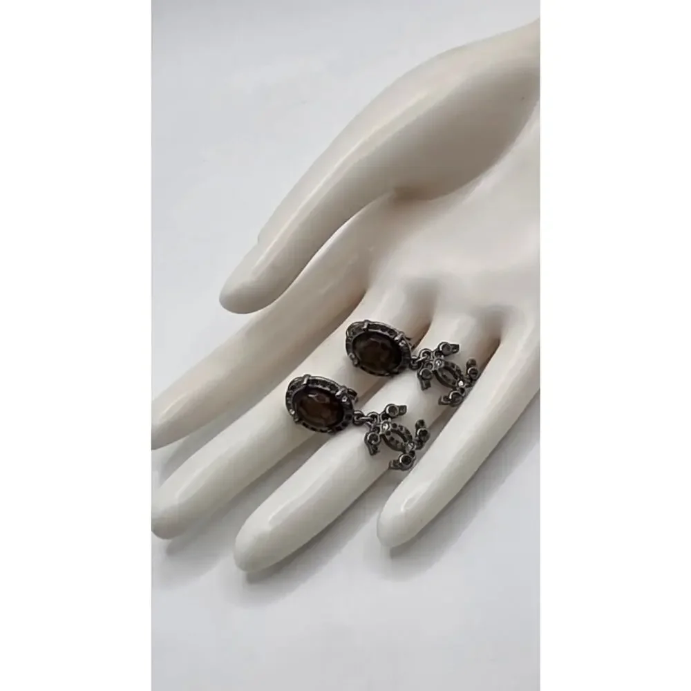 Chanel Resin Strass Silver-tone Interlocking CC Clip On Drop Earrings